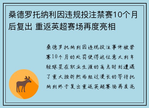 桑德罗托纳利因违规投注禁赛10个月后复出 重返英超赛场再度亮相
